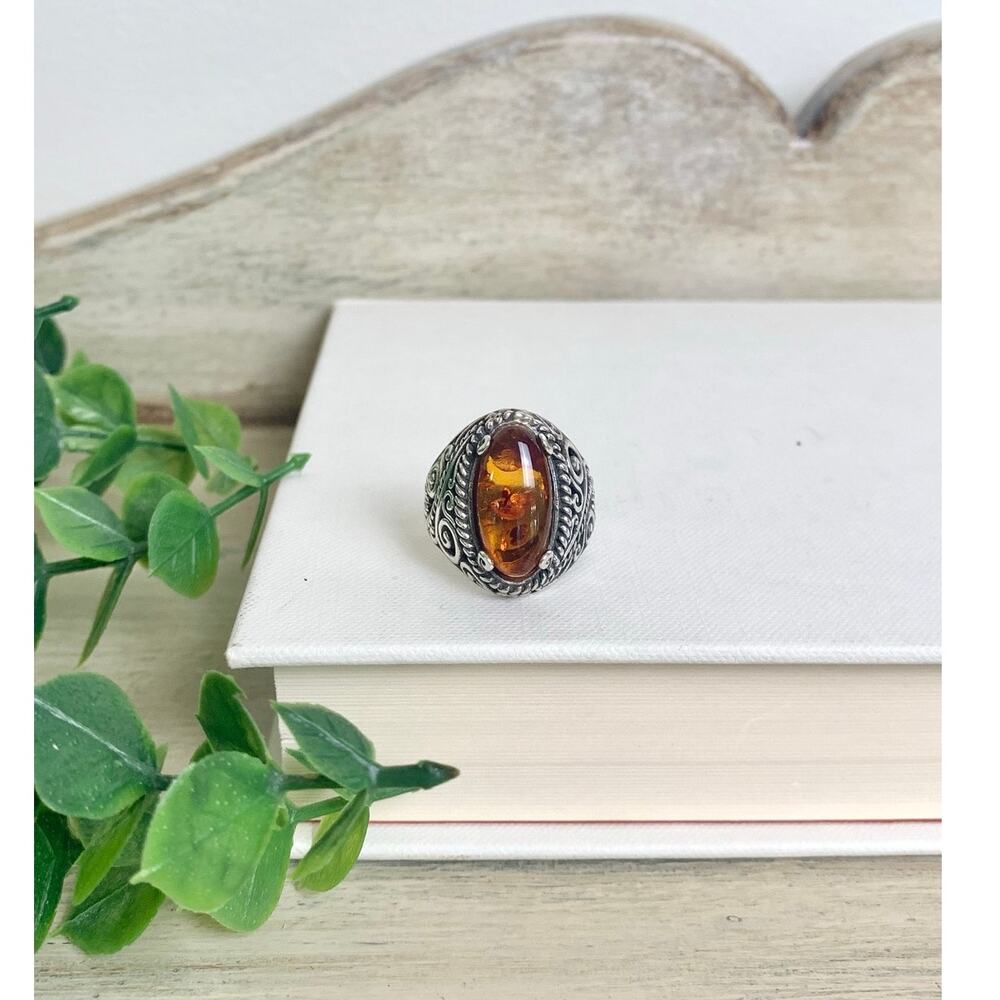 Vintage Sterling Silver Amber Ring Ornate Filigree Statement Jewelry 925 Boho